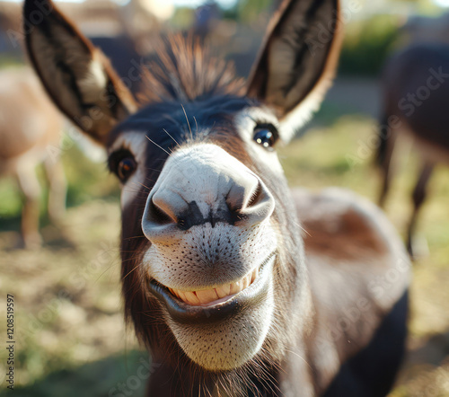 Laughing Donkey with a Playful Expression in a Sunny Pasture