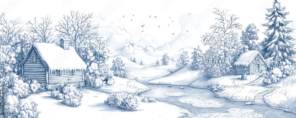 Fototapeta premium Line drawings cozy winter scenes, including snow-covered cottages and frozen lakes.