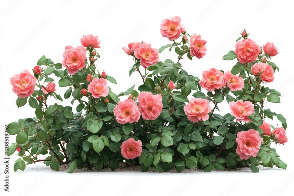 Lush Coral Rose Bush A Vibrant Display of Blooming Roses on White Background Lush Coral Rose Bush A Vibrant Display of Blooming Roses on White Background