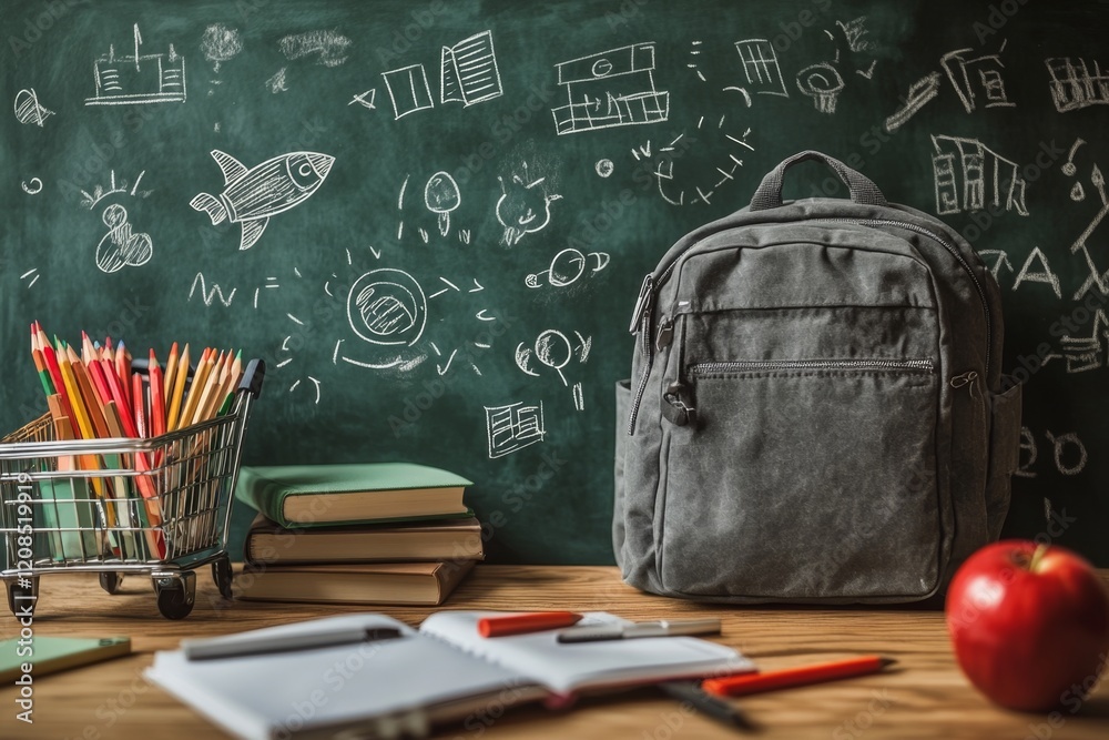 Back to School Classroom Essentials, Backpack, Books, and Supplies on Wooden Desk Against Chalkboard with Educational Drawings Back to School Classroom Essentials, Backpack, Books, and Supplies on Wooden Desk Against Chalkboard with Educational Drawings