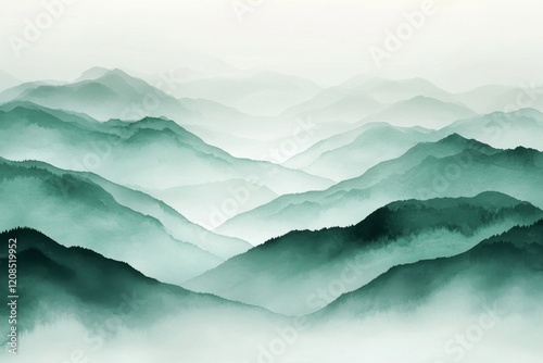 An image of mountains in green mint hues, rendered in watercolor photo