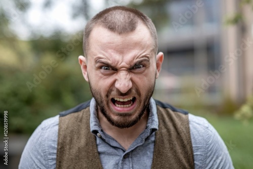 Close-up portrait of an angry man with a beard. His eyes are wide open and his mouth is slightly open.