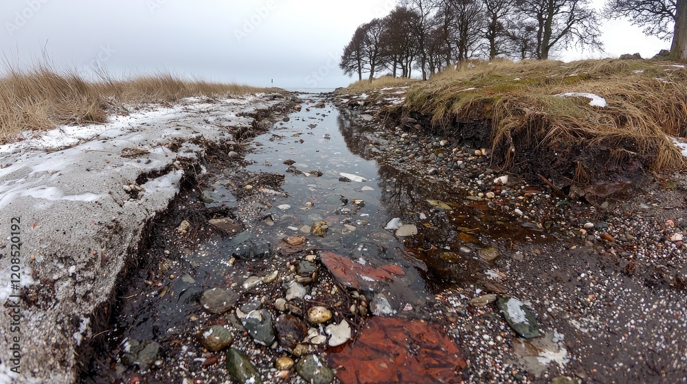 Obraz premium Coastal erosion, winter stream, trees, overcast sky. Use environmental impact illustration