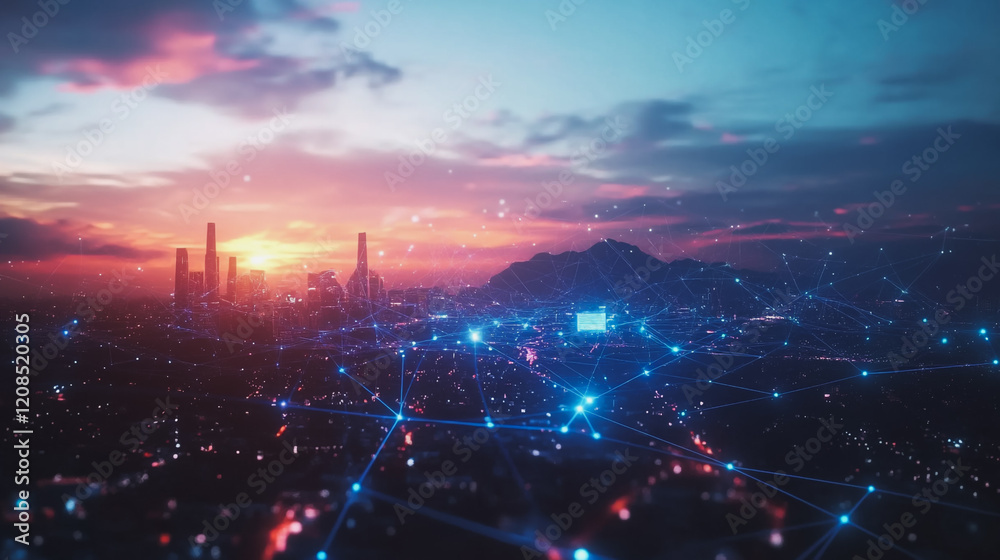 Obraz premium Smart digital Innovation city with connection network reciprocity over the cityscape. of future smart wireless digital city and social media networking systems that connects people with in city