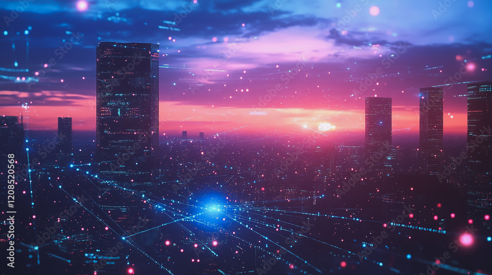 Obraz premium Smart digital Innovation city with connection network reciprocity over the cityscape. of future smart wireless digital city and social media networking systems that connects people with in city