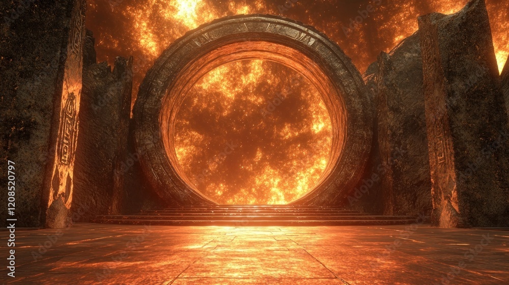 Obraz premium Dramatic fiery portal or archway opening up to a celestial mystical dimensional realm in a futuristic surreal and epic landscape with glowing energy light and cosmic elements