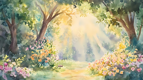 Fototapeta Naklejka Na Ścianę i Meble -  Ancient grove with a hidden altar surrounded by blooming flowers and radiant beams, mystical serenity, watercolor. Mystic Grove. Illustration