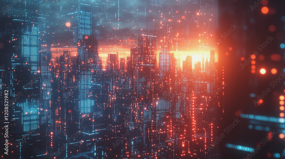 Fototapeta premium Smart digital Innovation city with connection network reciprocity over the cityscape. of future smart wireless digital city and social media networking systems that connects people with in city