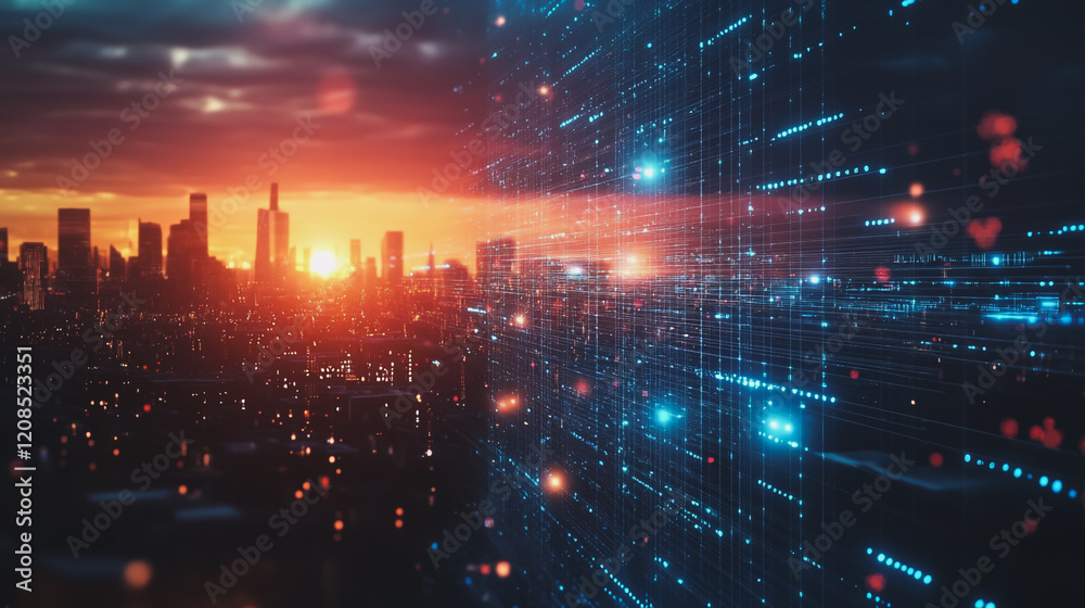 Obraz premium Smart digital Innovation city with connection network reciprocity over the cityscape. of future smart wireless digital city and social media networking systems that connects people with in city