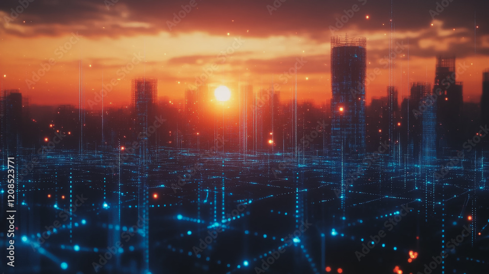 Fototapeta premium Smart digital Innovation city with connection network reciprocity over the cityscape. of future smart wireless digital city and social media networking systems that connects people with in city
