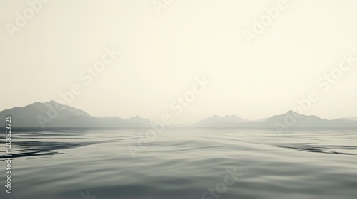 Serene Minimalist Seascape: Calm Ocean Meets Misty Mountains