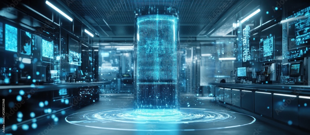Futuristic control center with advanced holographic digital intelligence and high tech visualization of data information and programming  Sci fi concept of future technology computing and innovation