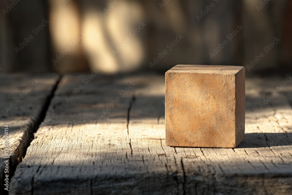 A sunlit, weathered wooden plank supports a small, cube-shaped object. A sunlit, weathered wooden plank supports a small, cube-shaped object.