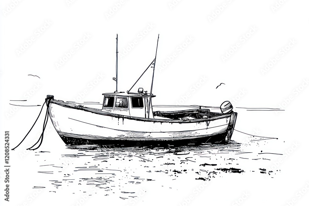 Fototapeta premium Minimalist line drawings boats and maritime scenes, capturing coastal and nautical themes.
