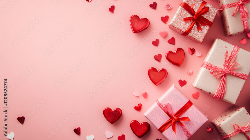 Gift boxes and hearts creating a Valentine's Day themed composition on a pink surface with copy space Gift boxes and hearts creating a Valentine's Day themed composition on a pink surface with copy space