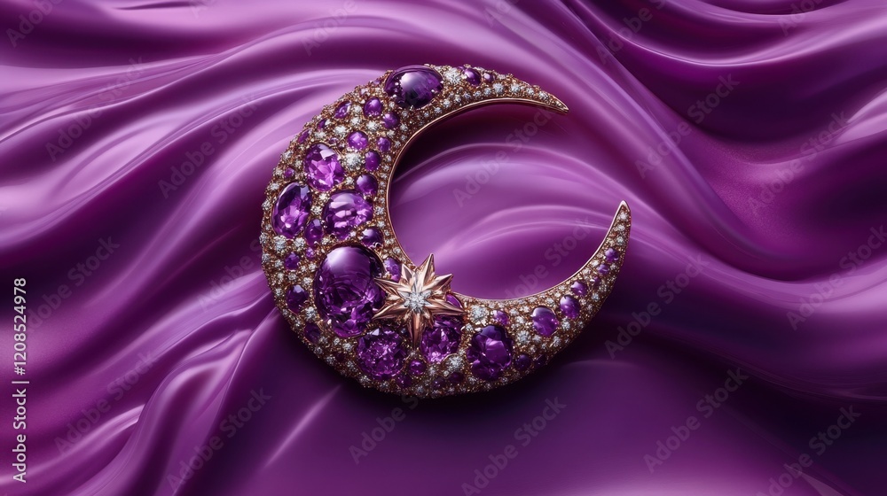 Fototapeta premium A celestial diamond brooch featuring moon and star motifs on a gradient purple night sky background.