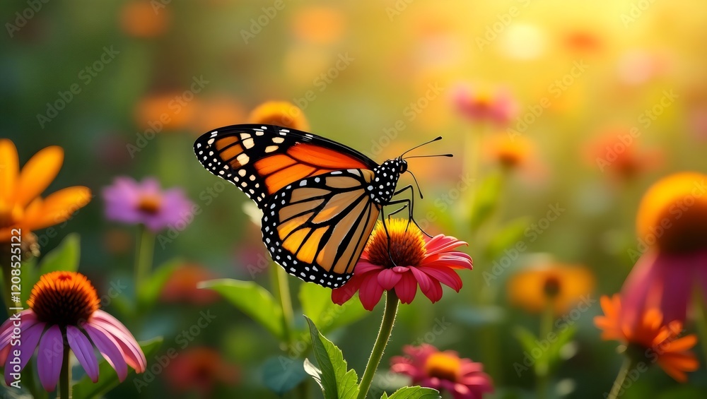 Naklejka premium Monarch Butterfly on Pink Flower in Sunny Field with Golden Light