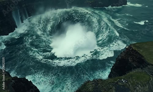 Dramatic ocean whirlpool near a cliff.