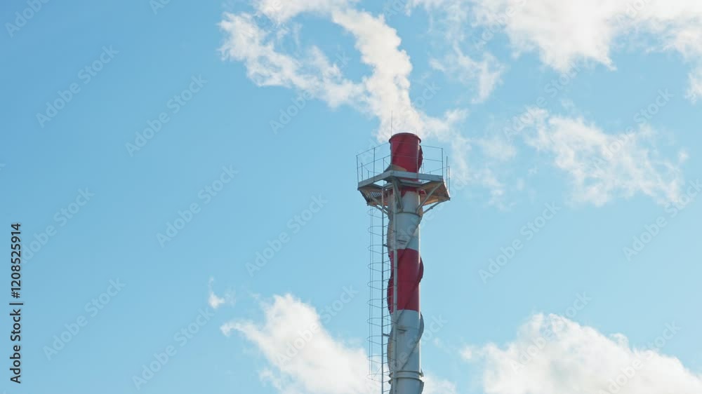 Clouds swirl around a towering smokestack against a bright blue sky Clouds swirl around a towering smokestack against a bright blue sky