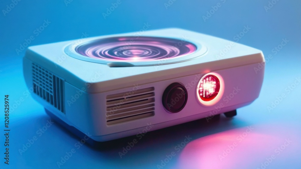 Fototapeta premium A compact projector with a glowing lens on a soft blue background.