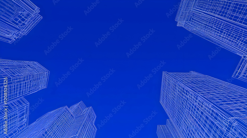 Fototapeta premium Abstract architectural blueprint of skyscrapers against a vibrant blue sky, viewed from a low angle, suggesting modern urban development and construction.