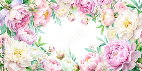 Floral border with pink and white peonies on white background
