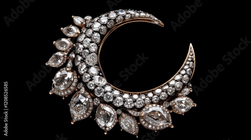 A dazzling brooch in the shape of a crescent moon adorned with diamonds, on a jet black background. photo