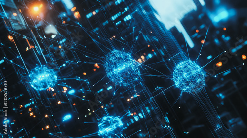 Smart digital Innovation city with connection network reciprocity over the cityscape. of future smart wireless digital city and social media networking systems that connects people with in city