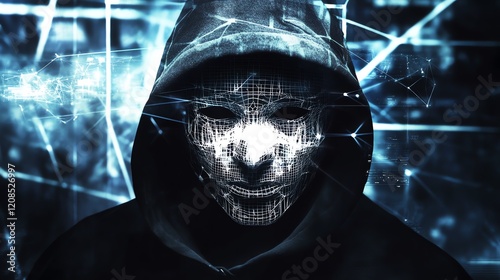 Futuristic Hacker with Digital Mask in Dark Cyberspace Background
