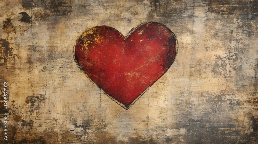 Red heart painted on grunge background symbolizing love and affection, perfect for Valentine's Day projects
