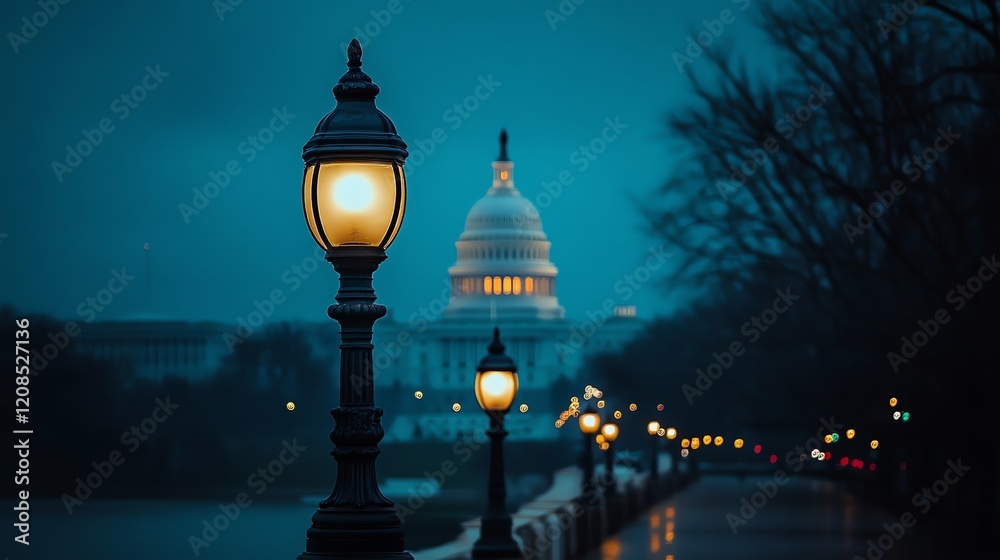 Illuminated Street Lamps Leading to the US Capitol at Dusk Illuminated Street Lamps Leading to the US Capitol at Dusk