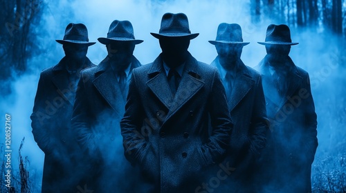 Group of mysterious men in trench coats and fedoras standing in foggy blue-lit forest, noir detective theme