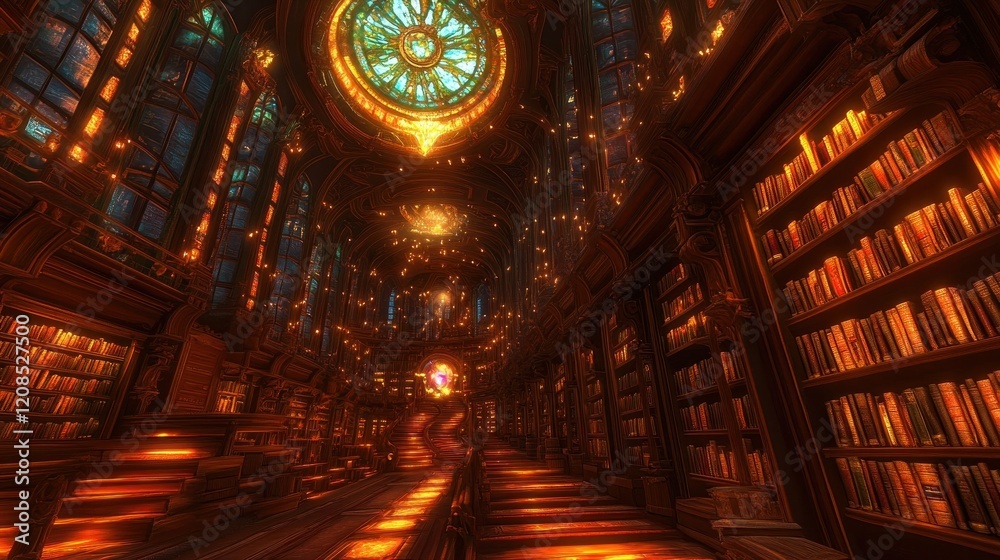 Obraz premium Enchanting antique library interior with ornate wooden bookshelves reaching high ceilings and an ornamental chandelier providing warm illumination