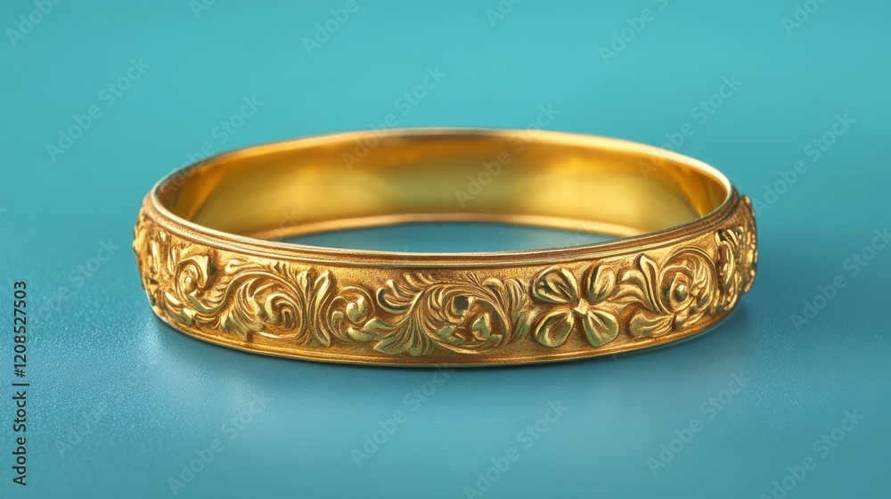 A gold band with intricate carvings placed on a vibrant teal background with subtle reflections. A gold band with intricate carvings placed on a vibrant teal background with subtle reflections.