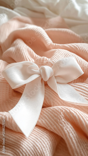 A white ribbon is tied around a pink fabric