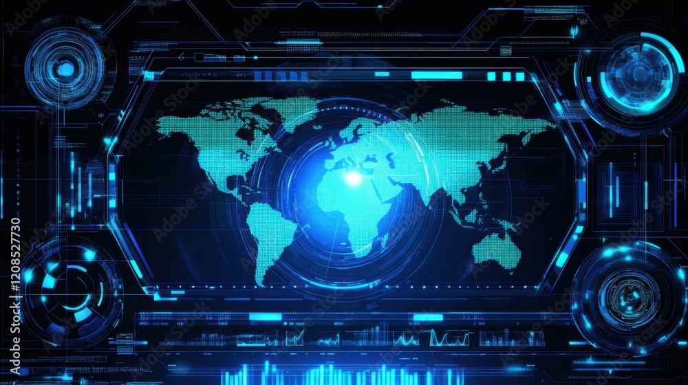 Obraz premium A high-tech interface with holographic controls and a glowing world map.