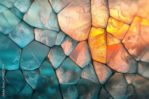 Abstract image of teal and orange geometric shapes resembling shattered glass or ice reflecting a sunset.