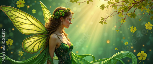 Elegant green fairy admiring glowing shamrocks in enchanted forest, St. Patrick's concept