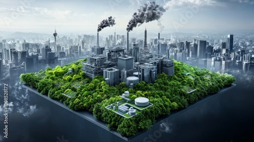 Futuristic Aerial View of a Carbon Emission City Surrounded by Lush Greenery photo