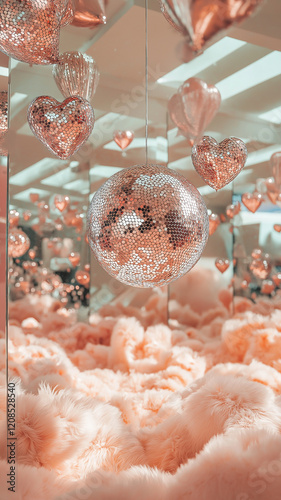 A room with a pink and gold theme, with a large ball covered in glitter