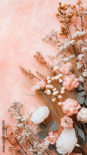 A bouquet of flowers with a pink background