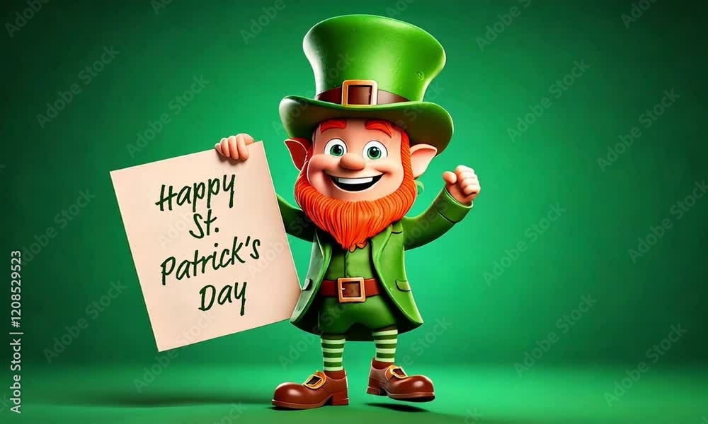 Cute Cartoon Leprechaun Dancing with a Happy St Patricks Day Sign with Space for Copy Looping Video