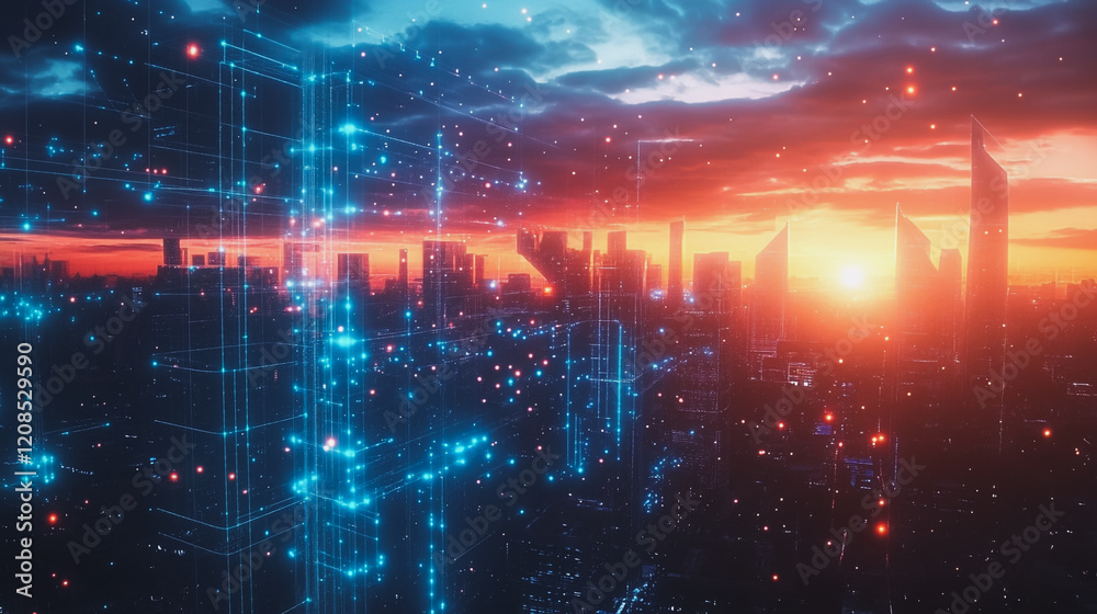 Obraz premium Smart digital Innovation city with connection network reciprocity over the cityscape. of future smart wireless digital city and social media networking systems that connects people with in city