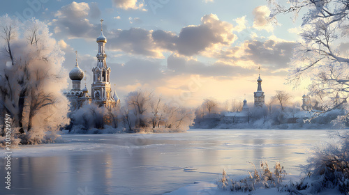 A winter wonderland scene with a frozen lake, snow-covered trees, and distant church spires in nizhny novgorod, nizhny novgorod, church, icy. Frozen Spire. Illustration