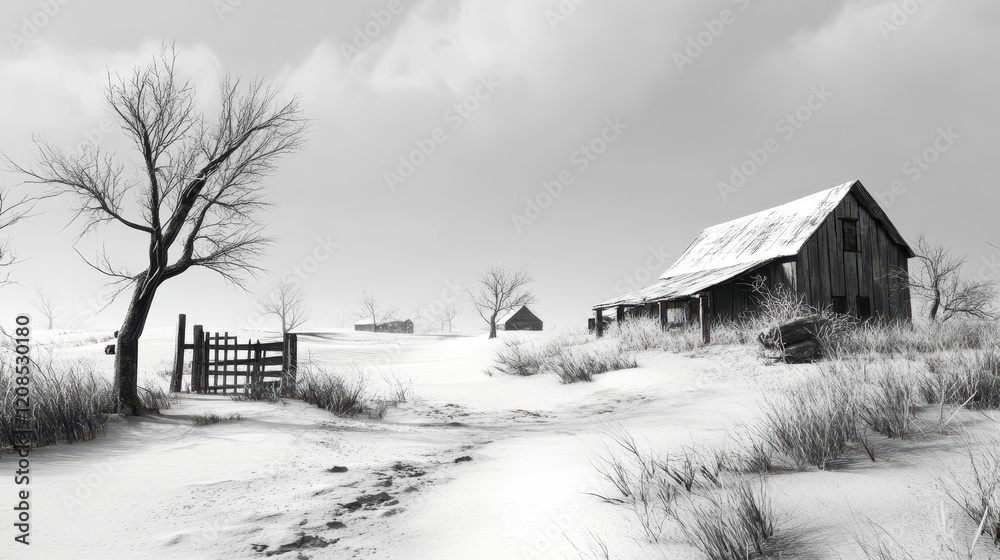 Desolate winter barn scene with bare trees and snow-covered landscape Desolate winter barn scene with bare trees and snow-covered landscape