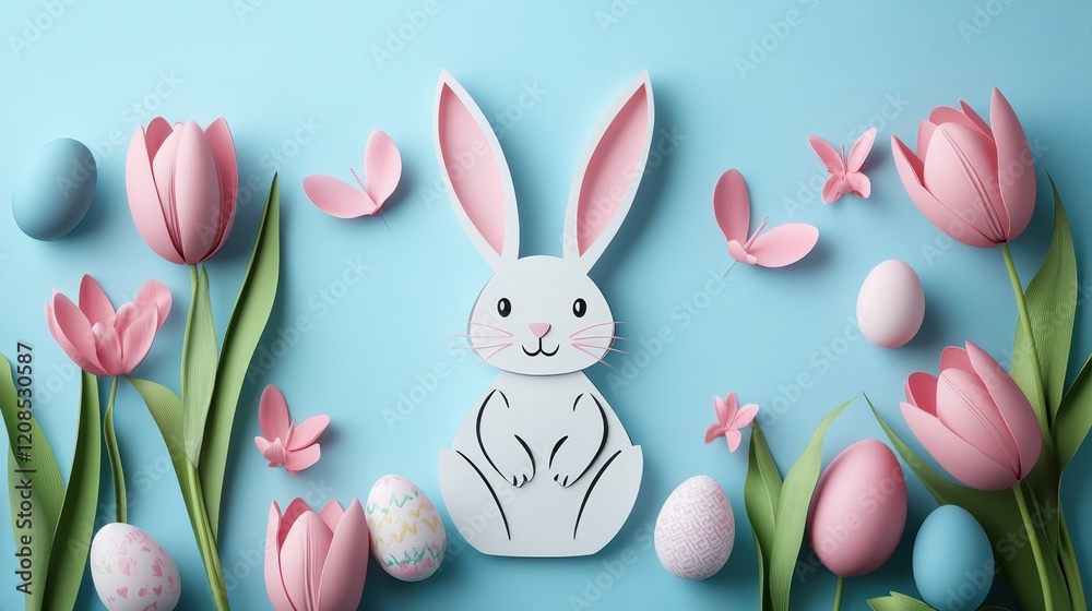 Obraz premium Easter bunny with eggs and tulips on blue background for holiday celebration design