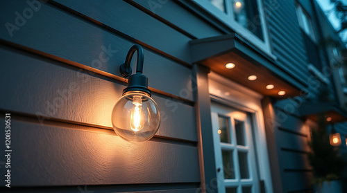 Illuminated Exterior: A Modern Home's Evening Glow. Captivating architectural details and warm lighting create a welcoming ambiance. Perfect for real estate, home design, and lifestyle publications.