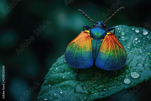 A vibrant, iridescent beetle with rainbow wings rests on a dewy green leaf in a dark, natural setting. photo