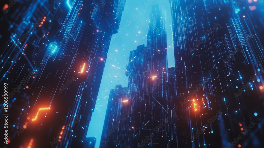 Fototapeta premium Smart digital Innovation city with connection network reciprocity over the cityscape. of future smart wireless digital city and social media networking systems that connects people with in city