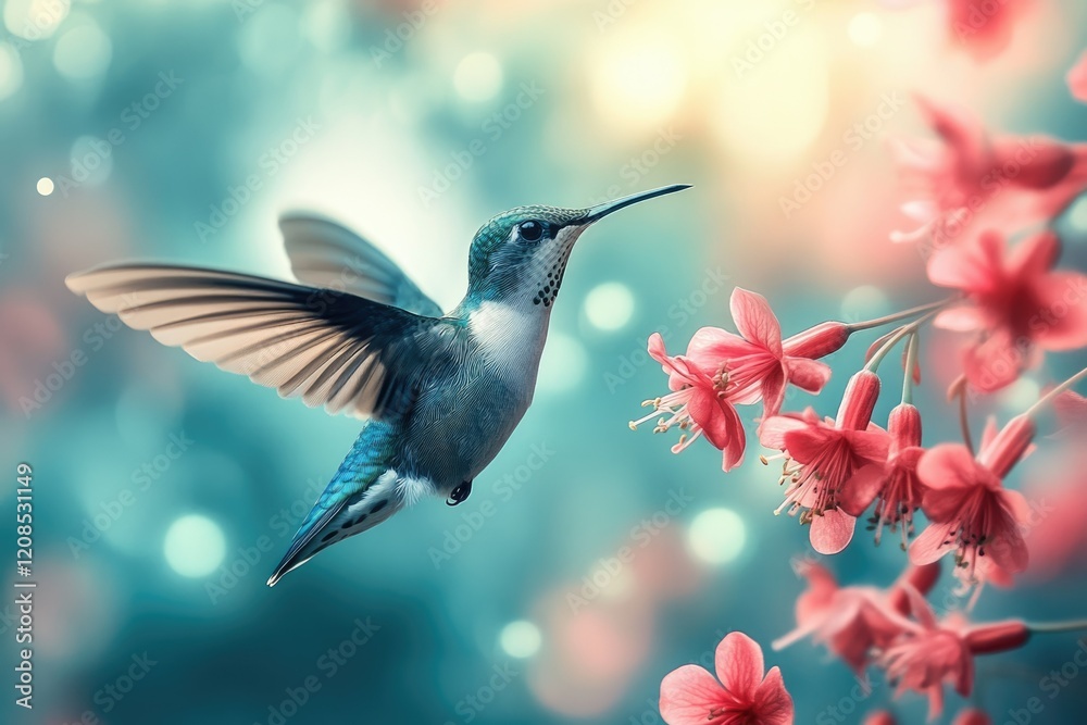 A hummingbird in flight, its wings a blur, hovers near delicate pink blossoms in a sunlit garden. A hummingbird in flight, its wings a blur, hovers near delicate pink blossoms in a sunlit garden.